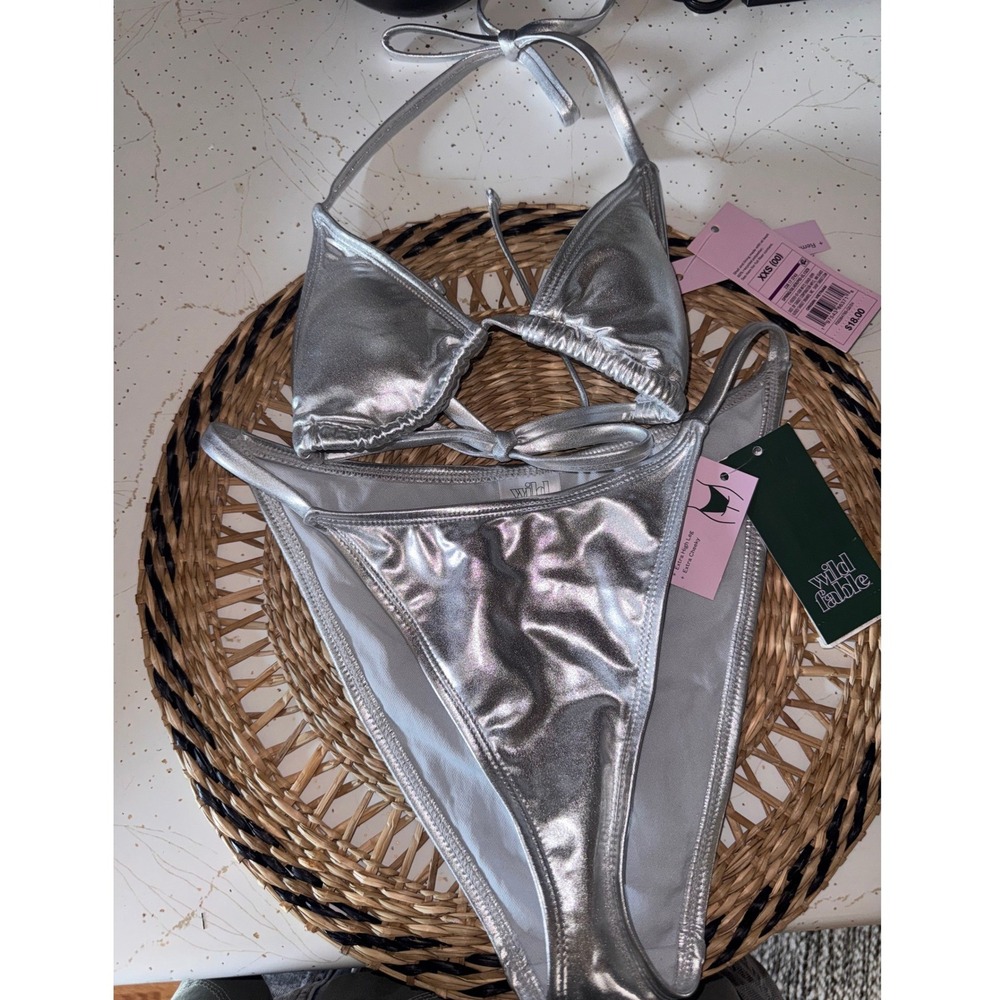 Wild Fable Silver Metallic Bikini Set Triangle Top XXS High Leg Cheeky Bottom XS